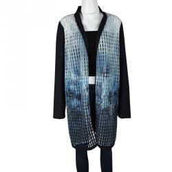 Elie Tahari Navy Blue Laser Cut Front Open Neoprene Coat L