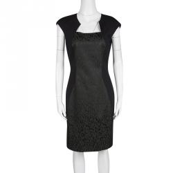 Elie Tahari Black Contrast Animal Jacquard Panel Cap Sleeve Dress S