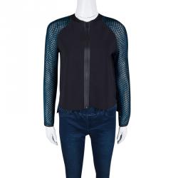 Elie Tahari Black Leather Trim Tricot Mesh Sleeve Detail Zip Front Jacket XS