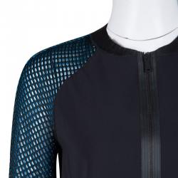 Elie Tahari Black Leather Trim Tricot Mesh Sleeve Detail Zip Front Jacket XS