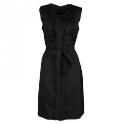Elie Tahari Black Ruffle Detail Belted Sleeveless Martha Dress L