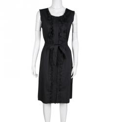 Elie Tahari Black Ruffle Detail Belted Sleeveless Martha Dress L