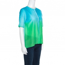 Pre Owned Elie Tahari Blue and Green Ombre Mandarin Collar Alejandra Blouse XS