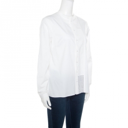 Pre Owned Elie Tahari White Eyelet Panel Insert Long Sleeve Blouse S