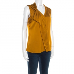 Pre Owned Elie Tahari Mustard Satin Knotted Shoulder Detail Sleeveless Top M