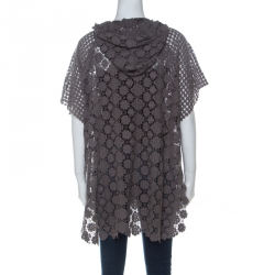 Elie Tahari Grey Cotton Floral Crochet Hooded Zip Up Jacket L
