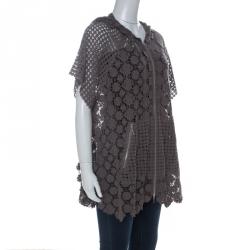 Elie Tahari Grey Cotton Floral Crochet Hooded Zip Up Jacket L