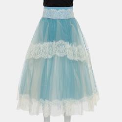 Blue Tulle & Lace Trim High Waist Sheer Midi Skirt
