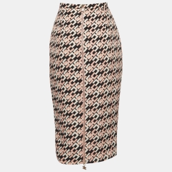 Pre Owned Elisabetta Franchi Black/Pink Logo Print Crepe Pencil Skirt M
