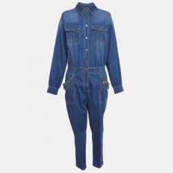 Elisabetta Franchi Blue Washed Denim Chain Embellished Jumpsuit L