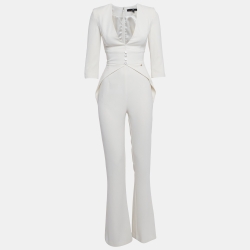 Pre Owned Elisabetta Franchi White Crepe V-Neck Jumpsuit S