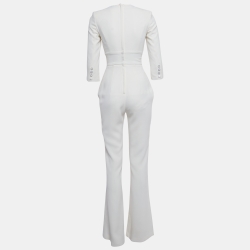 Pre Owned Elisabetta Franchi White Crepe V-Neck Jumpsuit S