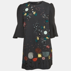 Black Sequin And Beads Embellished Crepe Bell Sleeve Mini Dress