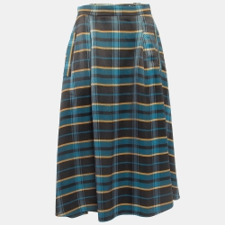 Blue Tartan Check Twill Pleated Midi Skirt