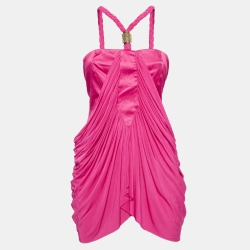 Fuchsia Pink Stretch Crepe Metal Detail Gathered Top