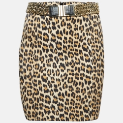 Brown Leopard Print Satin Embellished Waist Mini Skirt