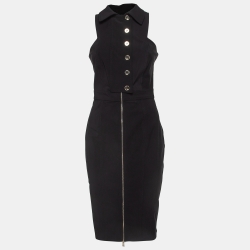 Black Stretch Crepe Zipper Midi Dress