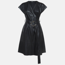 Black Faux Leather Belted Short Wrap Dress