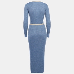 Pre Owned Elisabetta Franchi Blue Lurex Knit Buttoned Long Dress M
