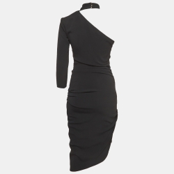 Pre Owned Elisabetta Franchi Black Crepe Ruched Asymmetric Midi Dress M 