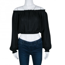 Pre Owned Elizabeth & James Black Silk Ruffled Trim Off Shoulder Cropped Denny Top S