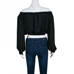 Pre Owned Elizabeth & James Black Silk Ruffled Trim Off Shoulder Cropped Denny Top S