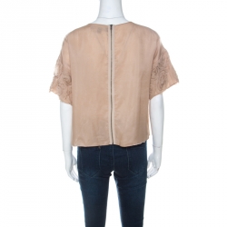 Pre Owned Elizabeth & James Beige Silk Floral Applique Milena Rosette Top M