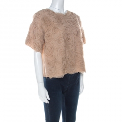 Pre Owned Elizabeth & James Beige Silk Floral Applique Milena Rosette Top M