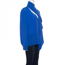 مملوكة مسبقًا بلوزة إيمانويل أونغاراو حرير أزرق ملكي رقبة ديرابيه أكمام طويلة L