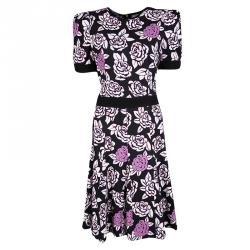 Emanuel Ungaro Black Floral Print Sheer Back Detail Short Sleeve Dress M