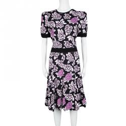 Emanuel Ungaro Black Floral Print Sheer Back Detail Short Sleeve Dress M