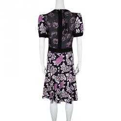 Emanuel Ungaro Black Floral Print Sheer Back Detail Short Sleeve Dress M