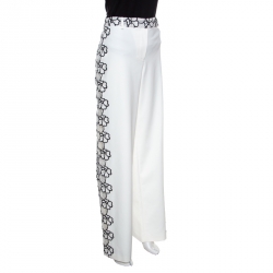 Pre Owned Emanuel Ungaro White And Black Floral Lace Trim Straight Fit Trousers L