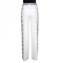 Pre Owned Emanuel Ungaro White And Black Floral Lace Trim Straight Fit Trousers L