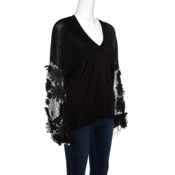 Emanuel Ungaro Black Floral Applique Lace Sleeve Detail V Neck Pullover L