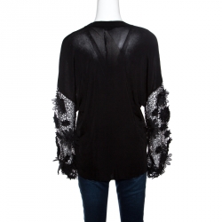 Emanuel Ungaro Black Floral Applique Lace Sleeve Detail V Neck Pullover L