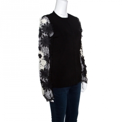 Pre Owned Emanuel Ungaro Black Floral Applique Lace Sleeve Detail Cardigan  L