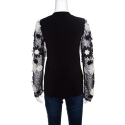 Pre Owned Emanuel Ungaro Black Floral Applique Lace Sleeve Detail Cardigan  L