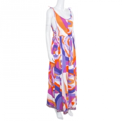 Emilio Pucci Multicolor Abstract Printed Cotton Tie Up Detail Sleeveless Maxi Dress L
