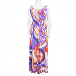 Emilio Pucci Multicolor Abstract Printed Cotton Tie Up Detail Sleeveless Maxi Dress L