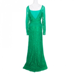 Pre Owned Emilio Pucci Emerald Green Lace Applique Long Sleeve Evening Gown L