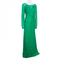 Pre Owned Emilio Pucci Emerald Green Lace Applique Long Sleeve Evening Gown L