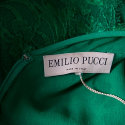 Pre Owned Emilio Pucci Emerald Green Lace Applique Long Sleeve Evening Gown L