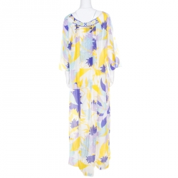 Pre Owned Emilio Pucci Multicolor Leaf Printed Cotton and Silk Dress L