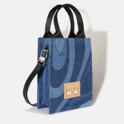 Pre Owned Emilio Pucci Dark Blue Cotton Marmo-Print Denim Tote Bag