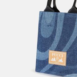 Pre Owned Emilio Pucci Dark Blue Cotton Marmo-Print Denim Tote Bag