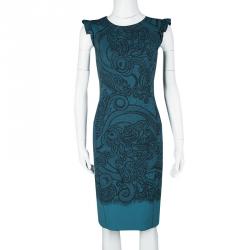 Pre Owned Emilio Pucci Blue Paisley and Net Print Ruffled Sleeve Wool Dress S