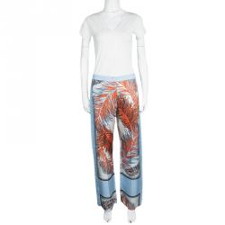 مملوكة مسبقًا Emilio Pucci Blue Feather Printed Silk Wide Leg Pants M