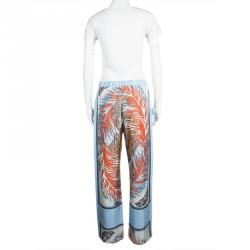 مملوكة مسبقًا Emilio Pucci Blue Feather Printed Silk Wide Leg Pants M