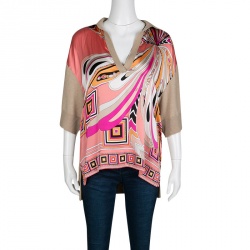 Pre Owned Emilio Pucci Multicolor Printed Silk and Wool Short Sleeve High Low Top S